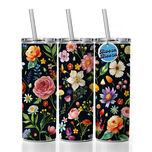 Flowers Black Background Watercolor Skinny Tumbler 20oz with Straw Insulated Water Bottle Gift
