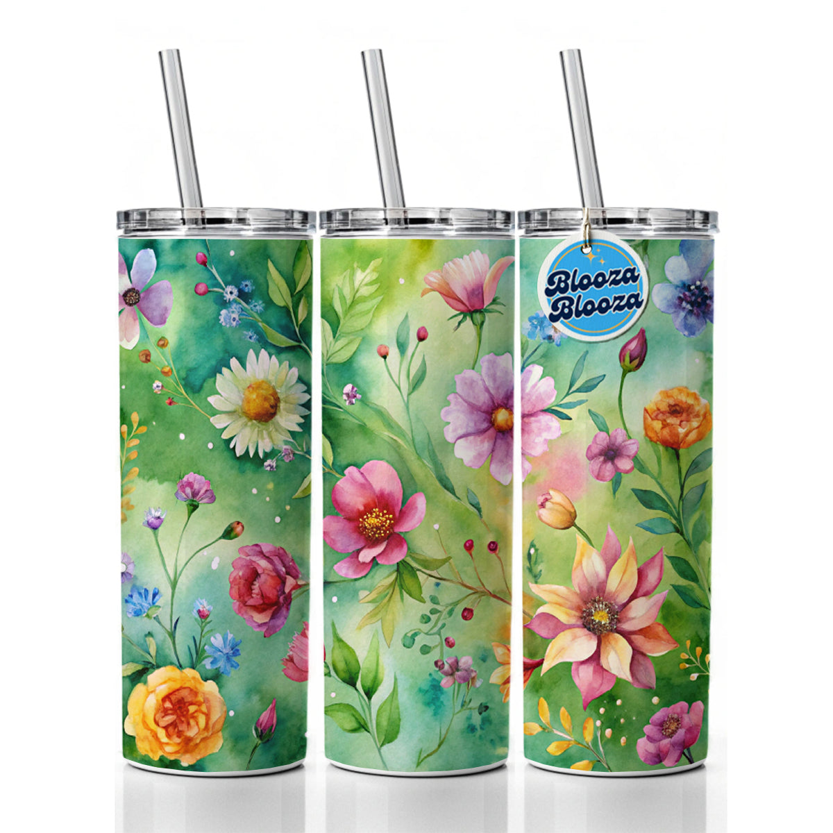 Flowers Green Background Watercolor Skinny Tumbler 20oz with Straw Insulated Water Bottle Gift