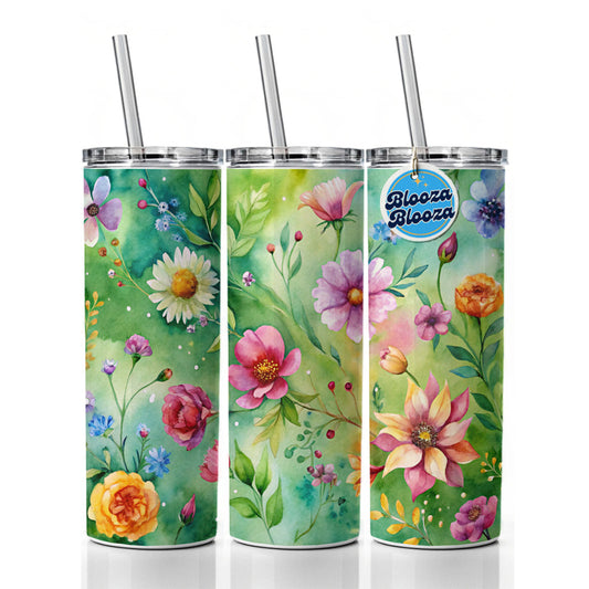 Flowers Green Background Watercolor Skinny Tumbler 20oz with Straw Insulated Water Bottle Gift