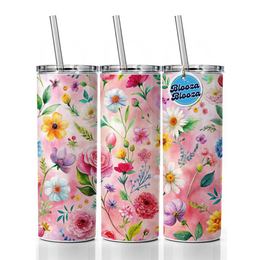 Flowers Pink Background Watercolor Skinny Tumbler 20oz with Straw Insulated Water Bottle Gift