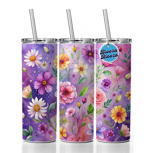 Flowers Purple Background Watercolor Skinny Tumbler 20oz with Straw Insulated Water Bottle Gift