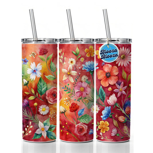 Flowers Red Background Watercolor Skinny Tumbler 20oz with Straw Insulated Water Bottle Gift