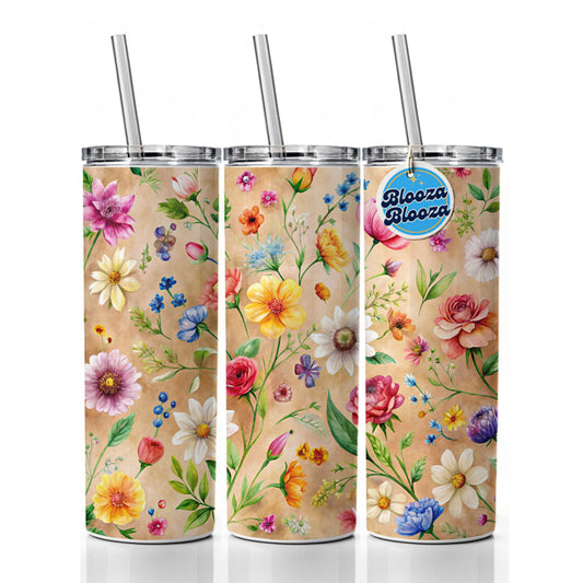 Flowers Tan Background Watercolor Skinny Tumbler 20oz with Straw Insulated Water Bottle Gift
