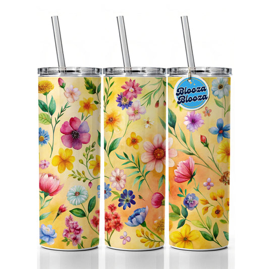 Flowers Yellow Background Watercolor Skinny Tumbler 20oz with Straw Insulated Water Bottle Gift