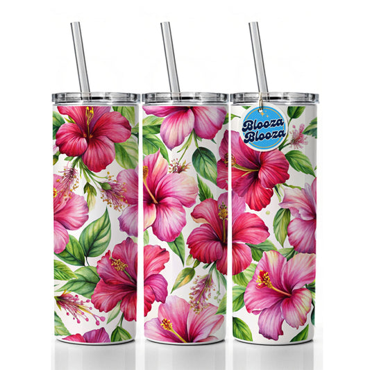 Fuchsia Hibiscus Flowers Watercolor Skinny Tumbler 20oz with Straw Insulated Water Bottle Gift