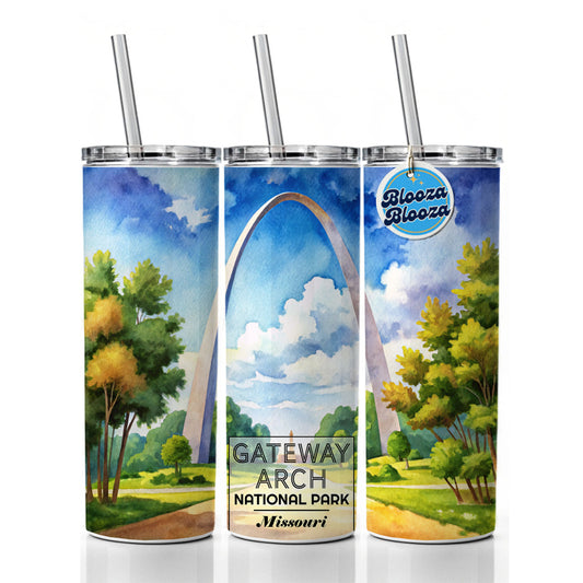 Gateway Arch National Park Missouri Watercolor Skinny Tumbler 20oz with Straw Insulated Water Bottle Gift