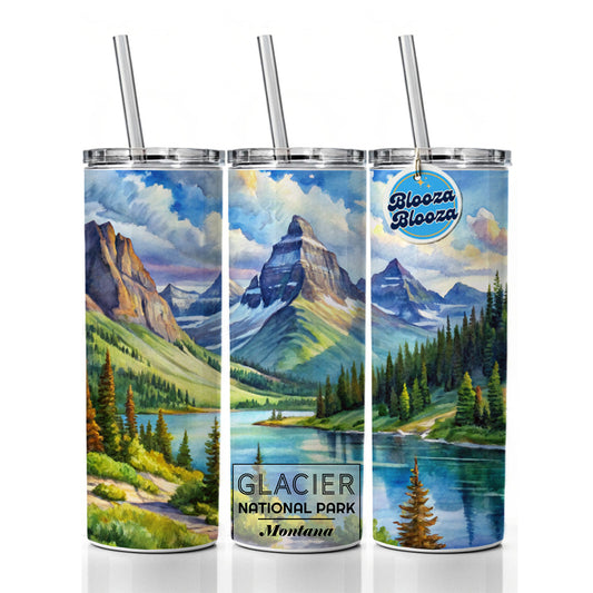 Glacier National Park Montana Watercolor Skinny Tumbler 20oz with Straw Insulated Water Bottle Gift