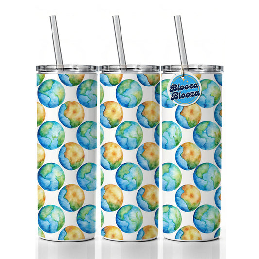 Globes Earth Pattern Watercolor Skinny Tumbler 20oz with Straw Insulated Water Bottle Gift