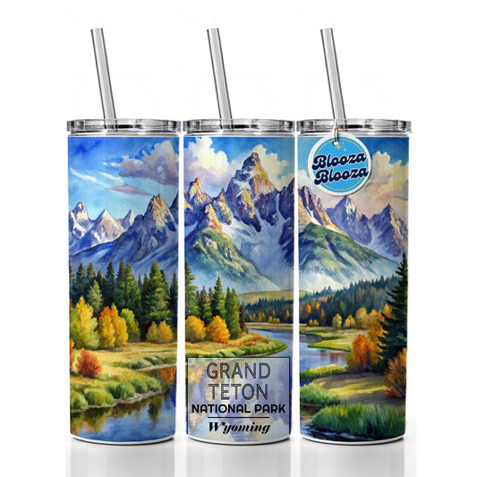 Grand Teton National Park Wyoming Watercolor Skinny Tumbler 20oz with Straw Insulated Water Bottle Gift