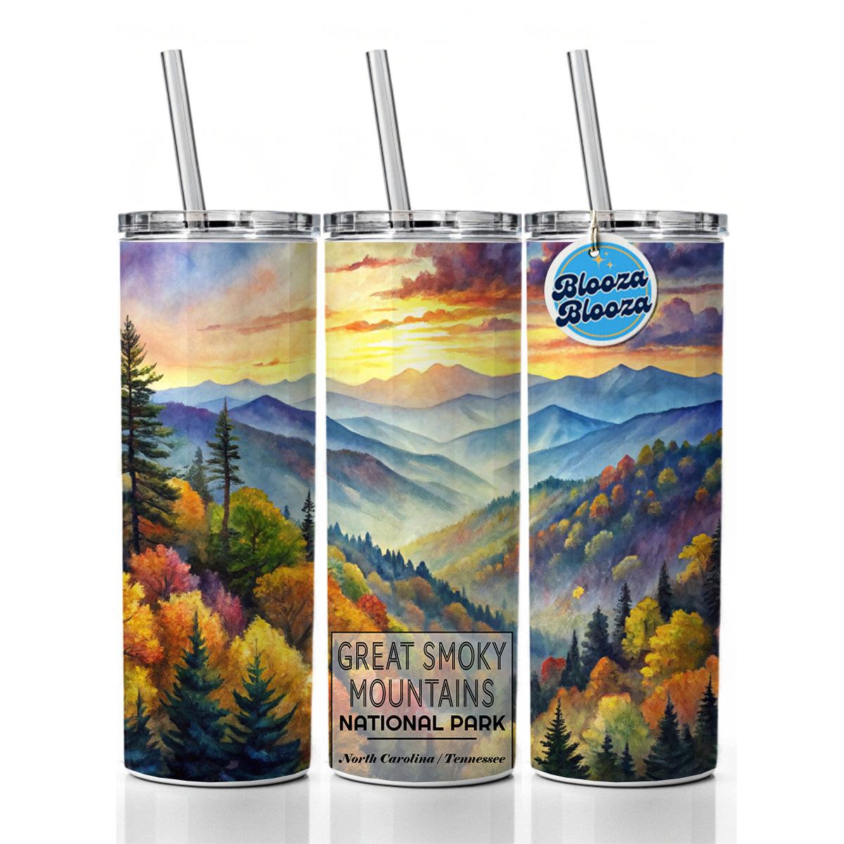 Great Smoky Mountains National Park North Carolina Tennessee Watercolor Skinny Tumbler 20oz with Straw Insulated Water Bottle Gift