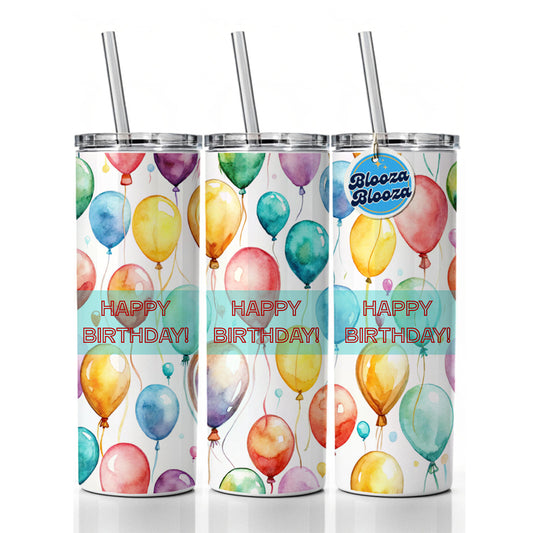 Happy Birthday Balloons Colorful Watercolor Skinny Tumbler 20oz with Straw Insulated Water Bottle Gift