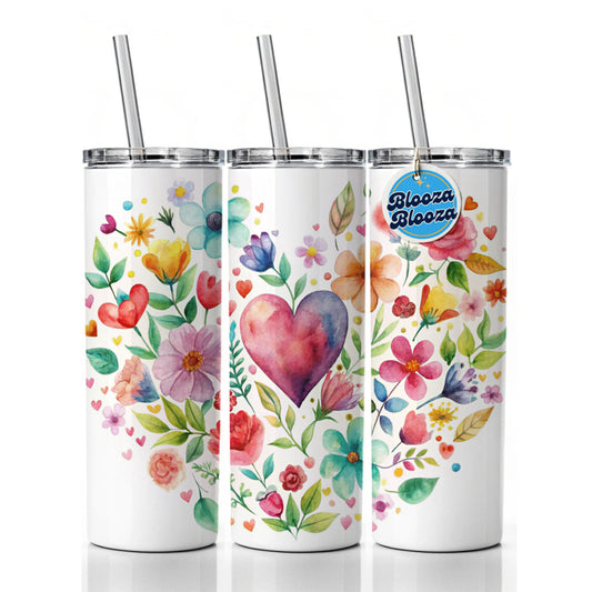 Hearts Flowers Watercolor Skinny Tumbler 20oz with Straw Insulated Water Bottle Gift
