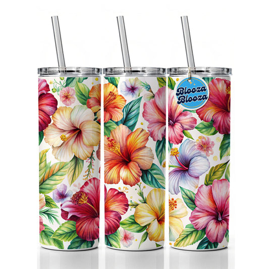 Hibiscus Tropical Flowers Watercolor Skinny Tumbler 20oz with Straw Insulated Water Bottle Gift