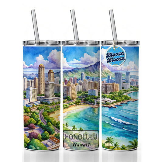 Honolulu Hawaii Travel City Watercolor Skinny Tumbler 20oz with Straw Insulated Water Bottle Gift