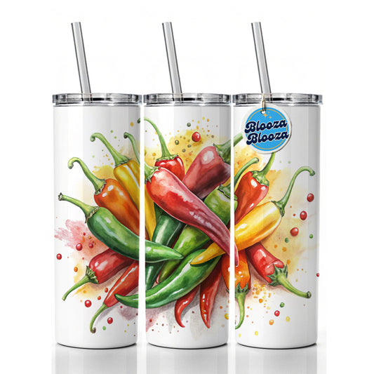 Hot Peppers Jalapenos Spicy Watercolor Skinny Tumbler 20oz with Straw Insulated Water Bottle Gift