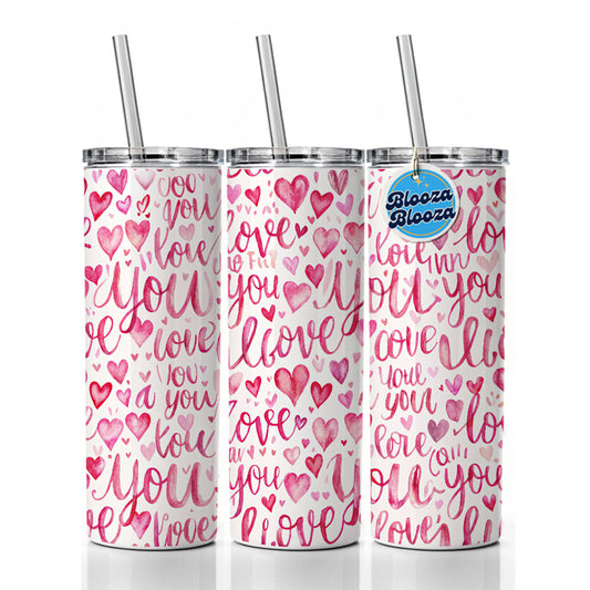 I Love You Script Pink Skinny Tumbler 20oz with Straw Insulated Water Bottle Gift