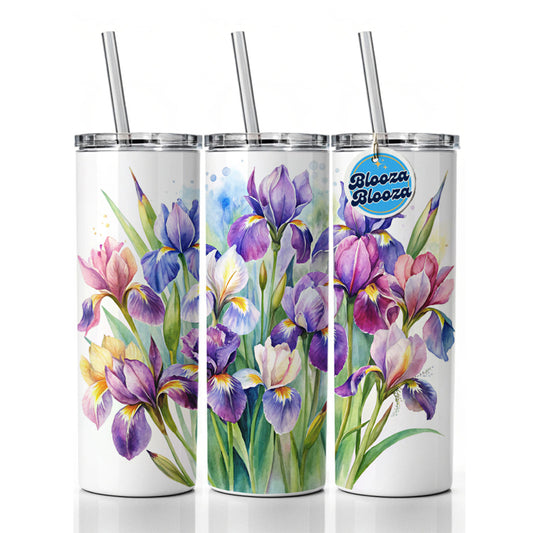Iris Purple Pretty Flowers Watercolor Skinny Tumbler 20oz with Straw Insulated Water Bottle Gift