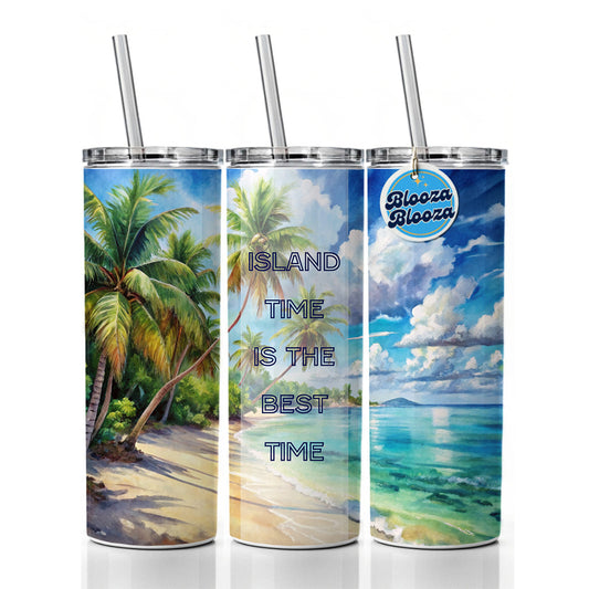 Island Time Best Time Inspirational Tropical Beach Skinny Tumbler 20oz with Straw Insulated Water Bottle Gift