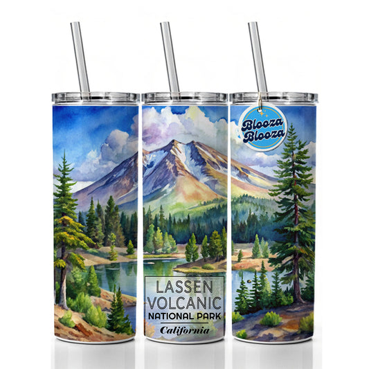 Lassen Volcanic National Park California Watercolor Skinny Tumbler 20oz with Straw Insulated Water Bottle Gift