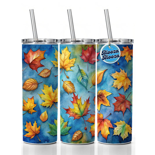 Leaves Blue Background Watercolor Skinny Tumbler 20oz with Straw Insulated Water Bottle Gift
