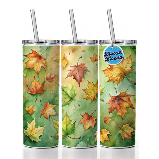 Leaves Green Background Watercolor Skinny Tumbler 20oz with Straw Insulated Water Bottle Gift