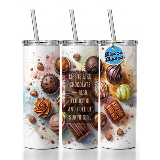 Life Is Like Chocolate Inspirational Watercolor Skinny Tumbler 20oz with Straw Insulated Water Bottle Gift