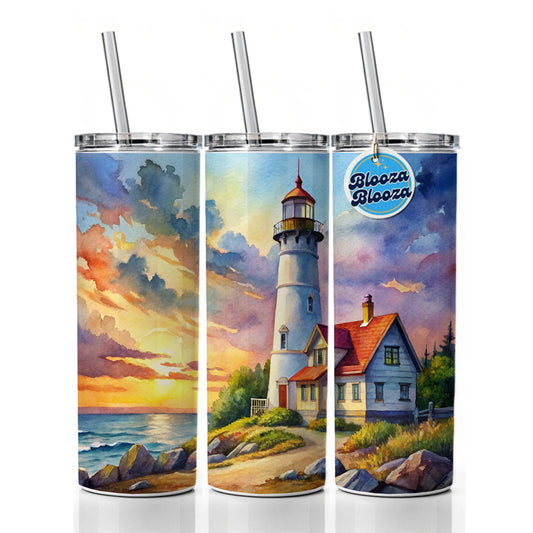 Lighthouse Beautiful Sky Watercolor Skinny Tumbler 20oz with Straw Insulated Water Bottle Gift
