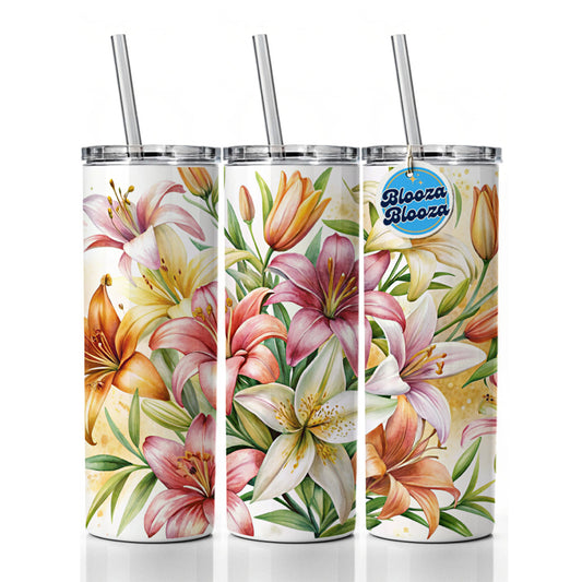 Lilies Lily Flower Watercolor Skinny Tumbler 20oz with Straw Insulated Water Bottle Gift