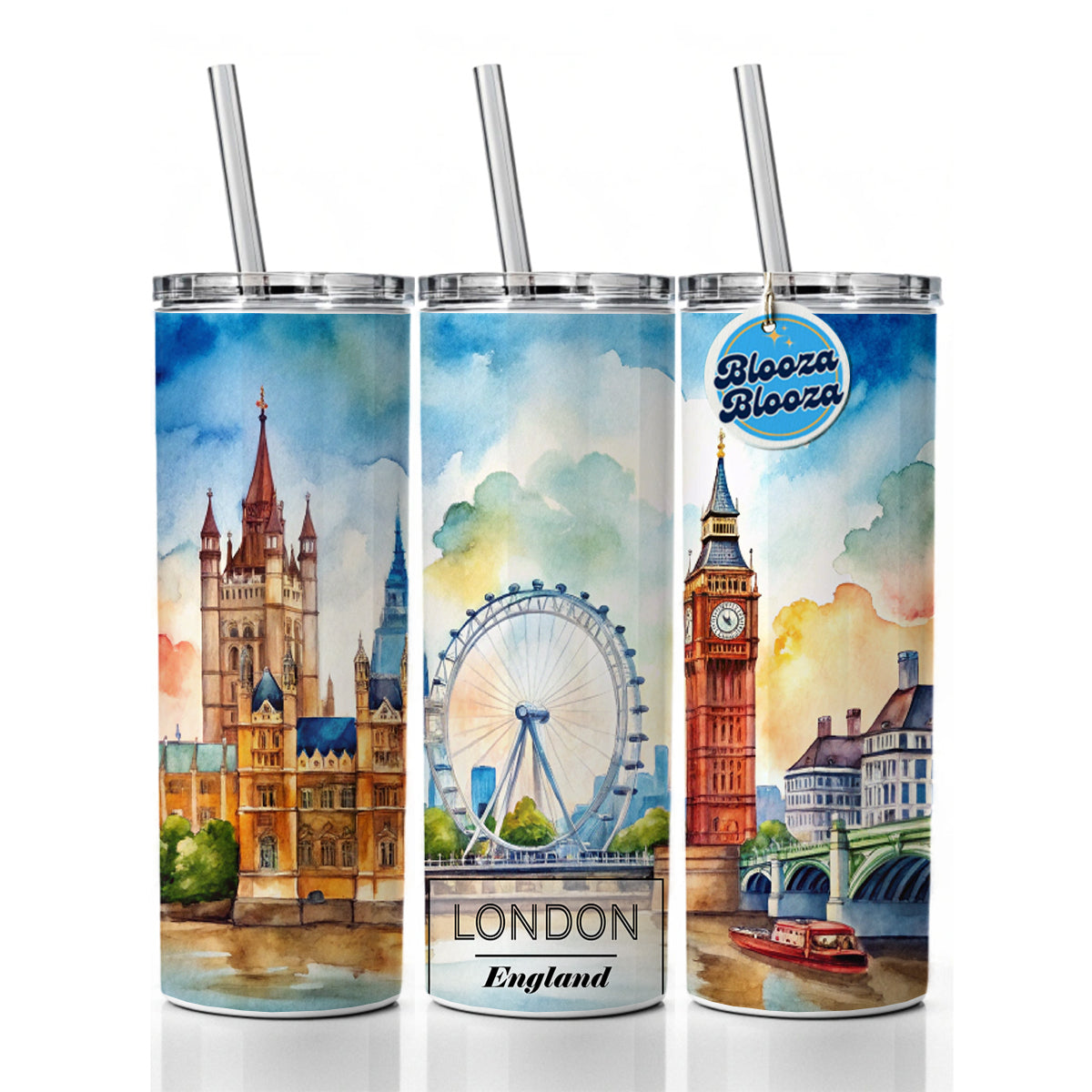 London England Travel City Watercolor Skinny Tumbler 20oz with Straw Insulated Water Bottle Gift
