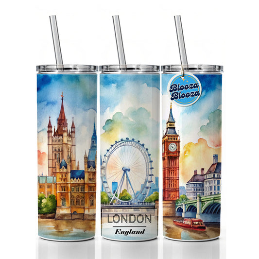 London England Travel City Watercolor Skinny Tumbler 20oz with Straw Insulated Water Bottle Gift