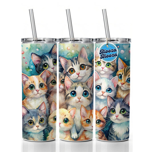 Lots Of Adorable Cats Watercolor Skinny Tumbler 20oz with Straw Insulated Water Bottle Gift