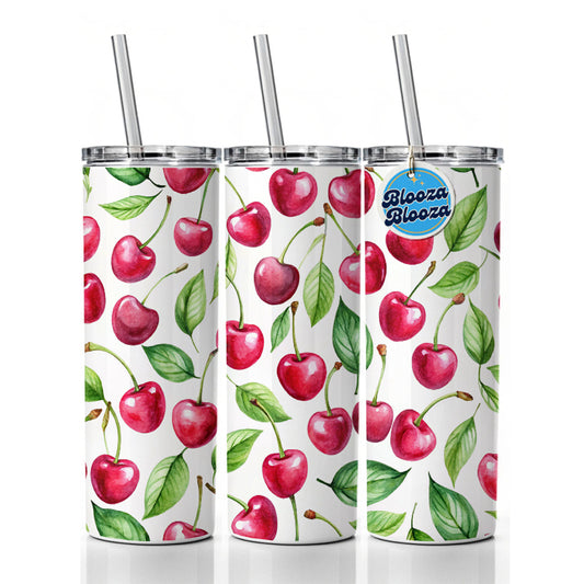 Lots Of Cherries Skinny Tumbler 20oz with Straw Insulated Water Bottle Gift