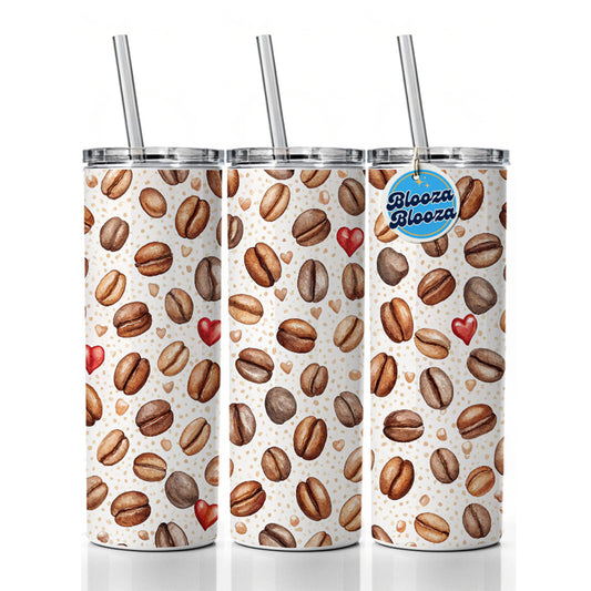 Lots Of Coffee Beans Hearts Skinny Tumbler 20oz with Straw Insulated Water Bottle Gift