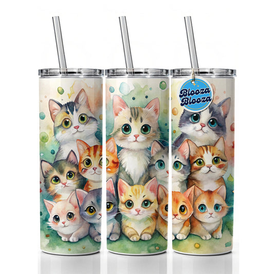 Lots Of Cute Cats Watercolor Skinny Tumbler 20oz with Straw Insulated Water Bottle Gift