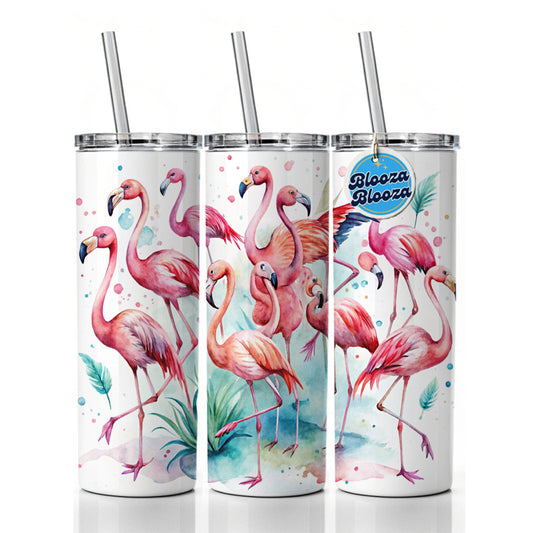 Lots Of Flamingos Watercolor Skinny Tumbler 20oz with Straw Insulated Water Bottle Gift