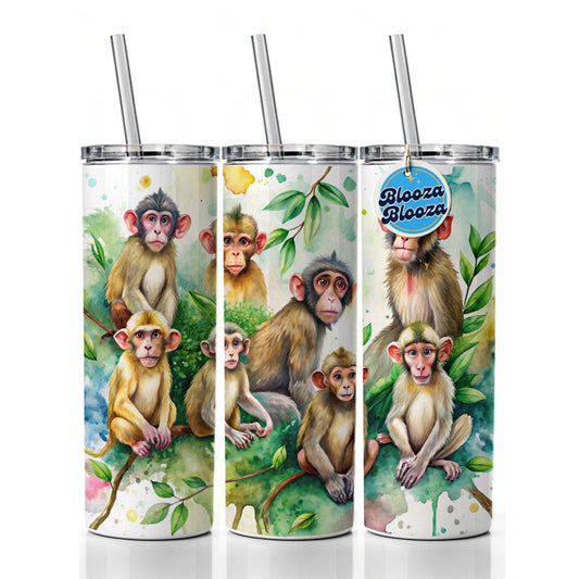 Lots Of Monkeys Watercolor Skinny Tumbler 20oz with Straw Insulated Water Bottle Gift
