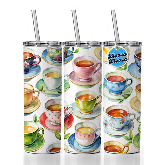Lots Of Tea Cups Skinny Tumbler 20oz with Straw Insulated Water Bottle Gift