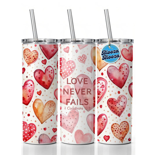 Love Never Fails Corinthians Red Hearts Christian Inspirational Skinny Tumbler 20oz with Straw Insulated Water Bottle Gift