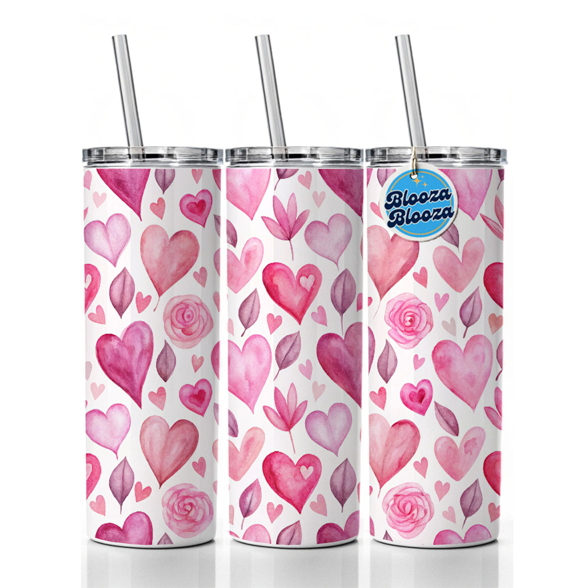 Love Pink Hearts Valentine's Day Skinny Tumbler 20oz with Straw Insulated Water Bottle Gift