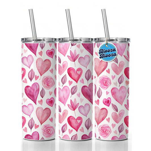 Love Pink Hearts Valentine's Day Skinny Tumbler 20oz with Straw Insulated Water Bottle Gift