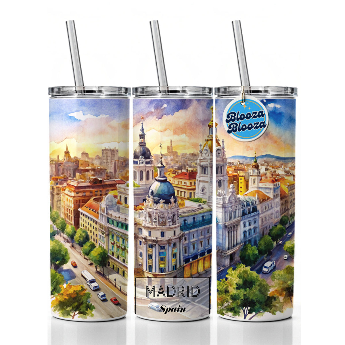 Madrid Spain Travel City Watercolor Skinny Tumbler 20oz with Straw Insulated Water Bottle Gift