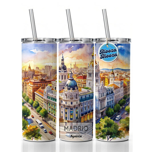 Madrid Spain Travel City Watercolor Skinny Tumbler 20oz with Straw Insulated Water Bottle Gift
