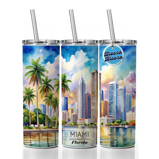 Miami Florida Travel Watercolor Skinny Tumbler 20oz with Straw Insulated Water Bottle Gift