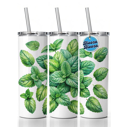 Mint Leaves Watercolor Skinny Tumbler 20oz with Straw Insulated Water Bottle Gift