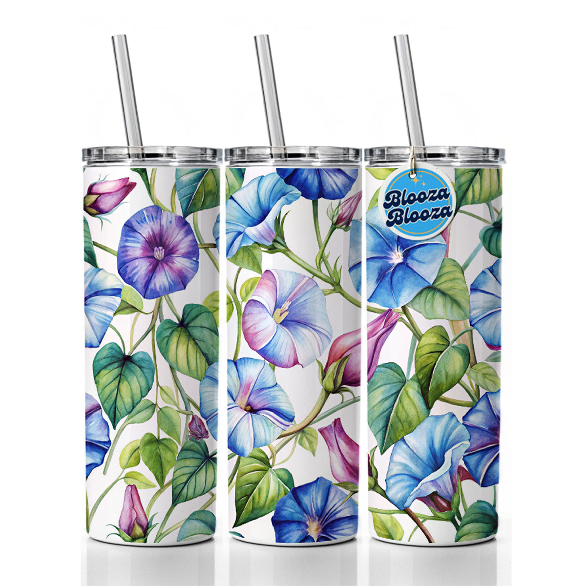 Morning Glories Flowers Watercolor Skinny Tumbler 20oz with Straw Insulated Water Bottle Gift