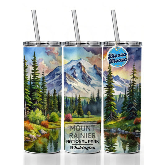 Mount Rainier National Park Washington Watercolor Skinny Tumbler 20oz with Straw Insulated Water Bottle Gift