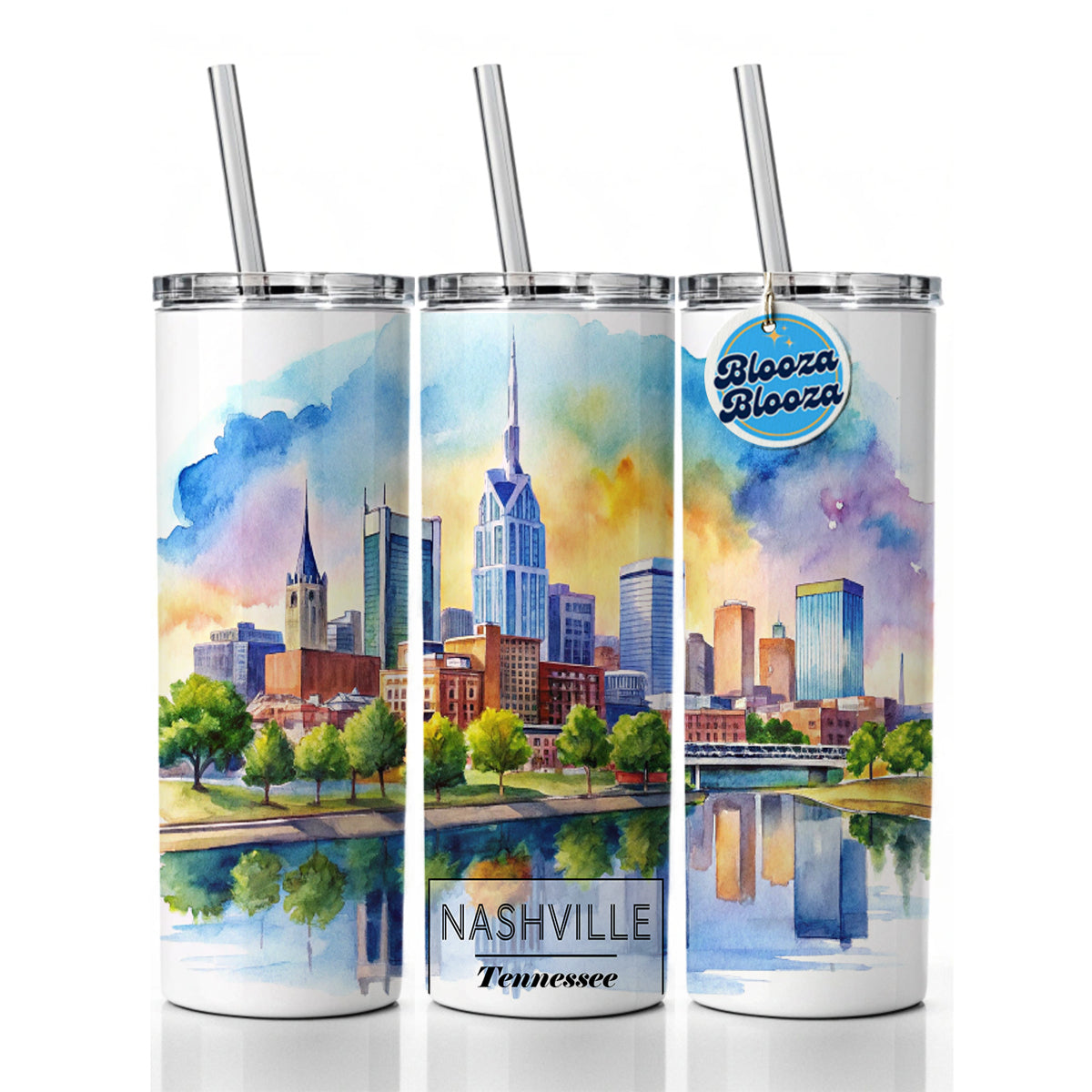 Nashville Tennessee Travel City Watercolor Skinny Tumbler 20oz with Straw Insulated Water Bottle Gift