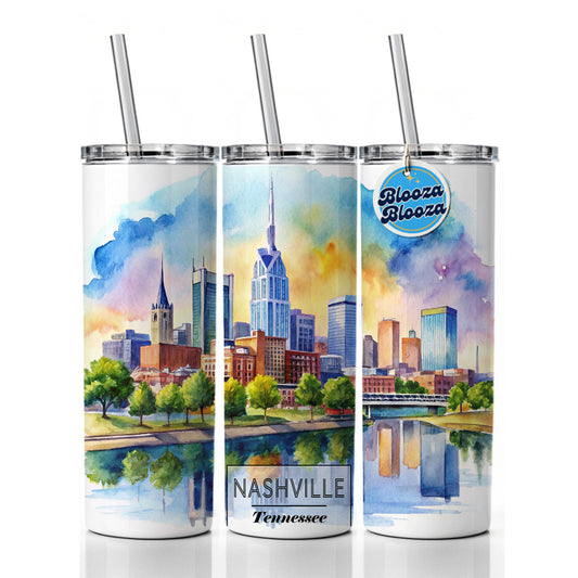 Nashville Tennessee Travel City Watercolor Skinny Tumbler 20oz with Straw Insulated Water Bottle Gift