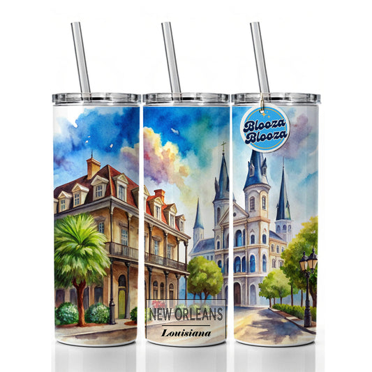 New Orleans Louisiana Travel City Watercolor Skinny Tumbler 20oz with Straw Insulated Water Bottle Gift