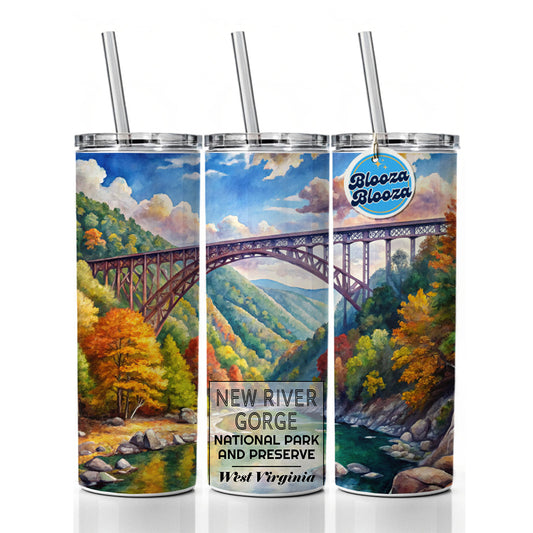 New River Gorge With Bridge National Park West Virginia Watercolor Skinny Tumbler 20oz with Straw Insulated Water Bottle Gift